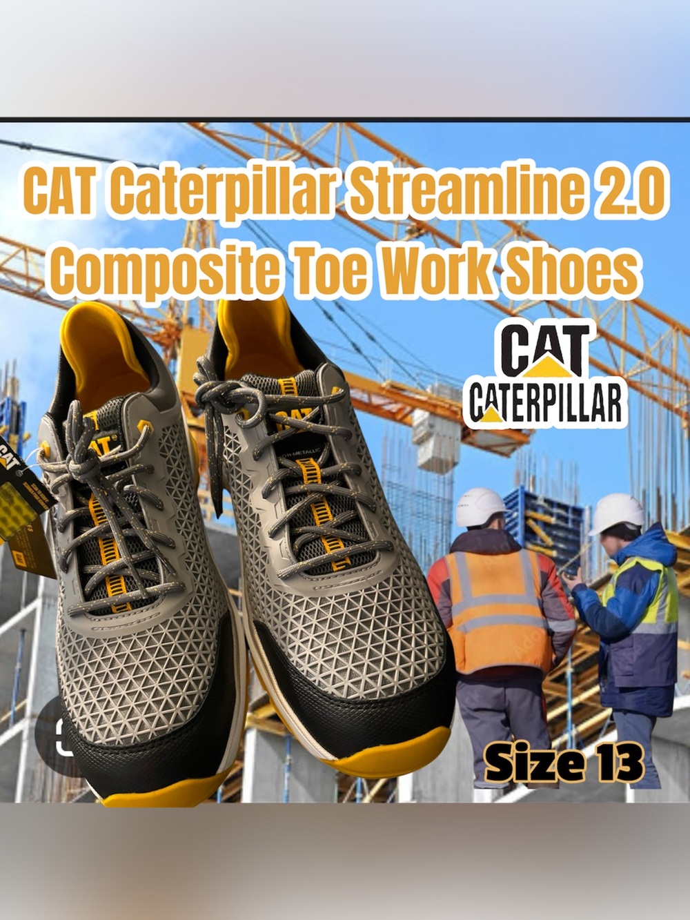CAT Caterpillar Streamline 2.0 Composite Toe Work Shoes - Gray & Yellow, Size 13